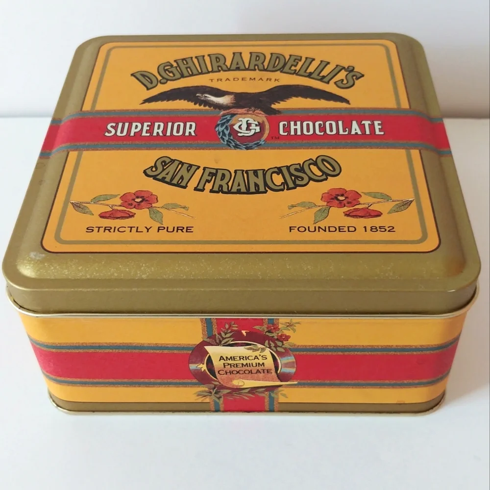 Vintage Ghirardelli's Chocolate Tin Square Gold Green Red 1993